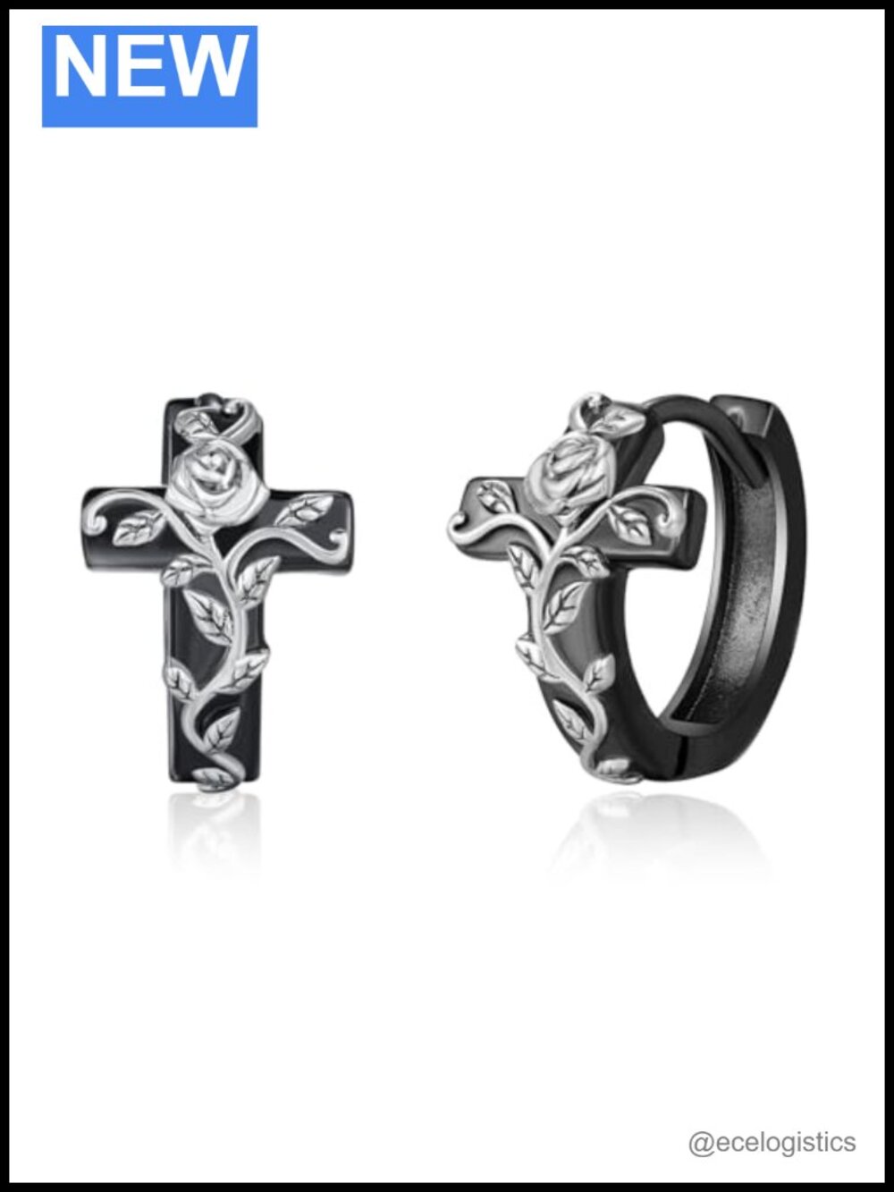 Gothic Rose Cross Hoop Earrings 925 Sterling Silver Hinged Hoop Unisex